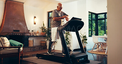 Buy stock photo Senior man, treadmill or monitor watch in home for walking speed, cardio stats or burn calories. Retirement fitness, old person and check stopwatch on machine for exercise data and mobility wellness