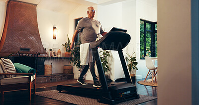 Buy stock photo Senior, man and walking on treadmill in home for muscle strength, cardio workout and burn calories. Retirement fitness, old person and exercise on machine for physical activity and mobility wellness