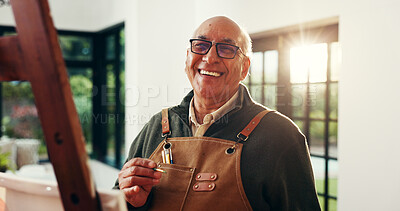 Buy stock photo Art, portrait and old man with painting in home for creative activity, retirement hobby and canvas. Artist, elderly person and happy with paintbrush for self expression, fine motor skills and artwork