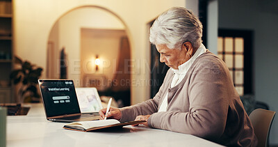 Buy stock photo Senior woman, writing and elearning with laptop for online education, research or course in home. Elderly, female person or taking notes with book or computer at night for web or distance learning