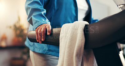 Buy stock photo Senior person, hands and workout on treadmill in home for muscle strength, cardio and burn calories. Retirement fitness, elderly woman and exercise on machine for physical activity and rehabilitation
