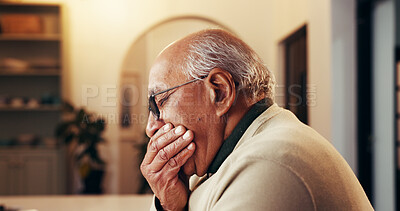 Buy stock photo Sensitive, senior man and toothache in home with cavity, gum disease and impacted wisdom teeth. Inflammation, elderly person and mouth pain in retirement for dental abscess, infection and gingivitis