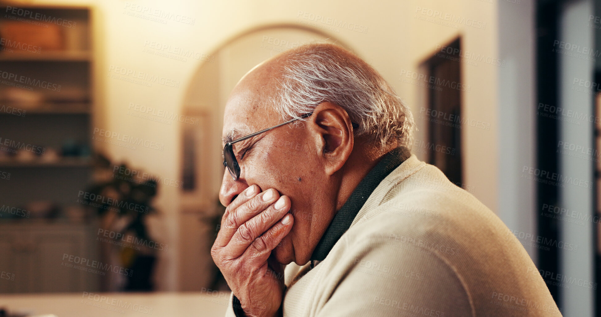 Buy stock photo Sensitive, senior man and toothache in home with cavity, gum disease and impacted wisdom teeth. Inflammation, elderly person and mouth pain in retirement for dental abscess, infection and gingivitis