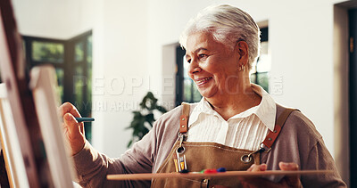 Buy stock photo Senior woman, home and artist painting for creative self expression, talent or art. Retirement hobby, painter and canvas for artwork, inspiration or happy elderly person drawing with brush in house
