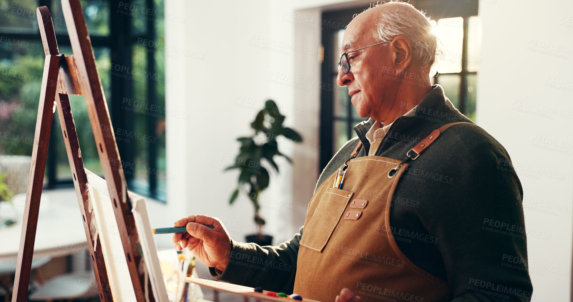 Buy stock photo Elderly man, painting and canvas at house for art, drawing process and sketch for artwork. Artist, senior person and easel with creative design, creating craft and unique piece for retirement hobby