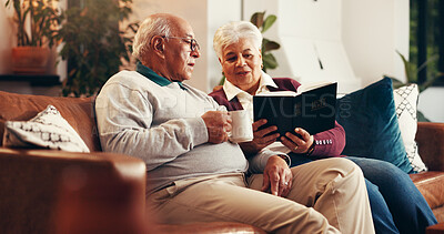 Buy stock photo Home, bible and senior couple on sofa, support and religion with relationship, worship and reading. Apartment, pensioner and old man on couch, mature woman and holy scripture with spiritual guide