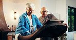 Old couple, treadmill and help for exercise in home, walk and support with training in retirement. Senior man, woman and discussion with gym equipment, machine and steps with fitness in house
