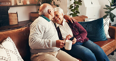 Buy stock photo Home, smartphone and old couple on couch, funny meme and conversation in living room. Cellphone, laughing and old man on sofa, woman and relationship with tech, social media and humor with love