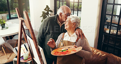 Buy stock photo Senior couple, kiss and painting on canvas for art, drawing sketch and bonding together. Above, elderly people and love of partner with craft artwork, creation and talent for retirement hobby in home