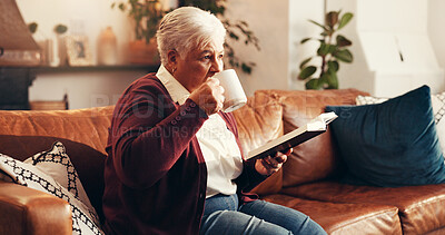 Buy stock photo Senior woman, drink coffee and bible study on sofa in home with thinking, reflection and spiritual insight. Elderly person, tea and relax with holy scripture book, religion and faith in retirement