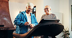 Elderly couple, treadmill and smile for fitness in home, walk and support with training in retirement. Senior man, woman and discussion with gym equipment, machine and steps with exercise in house