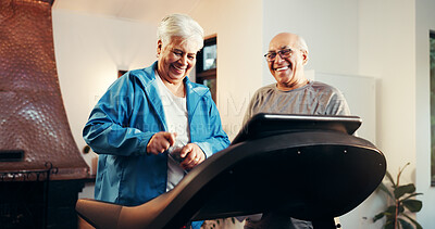 Buy stock photo Elderly couple, treadmill and smile for fitness in home, walk and support with training in retirement. Senior man, woman and discussion with gym equipment, machine and steps with exercise in house