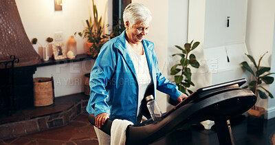 Buy stock photo Treadmill, senior woman and walking in home for muscle strength, rehabilitation and burn calories. Retirement fitness, elderly person and workout on machine for physical activity or mobility wellness