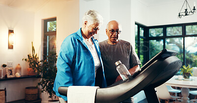 Buy stock photo Old couple, treadmill and smile for exercise in home, walk and support with training in retirement. Senior man, woman and discussion with gym equipment, machine and steps with fitness in house