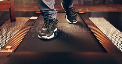 Buy stock photo Home, treadmill and man with sneakers, feet and fitness with cardio training, wellness and comfort. Closeup, apartment and person with machine, exercise and workout with shoes and physiotherapy