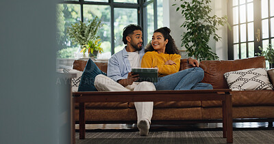 Buy stock photo Love, relax and tablet with couple on sofa for streaming service, movie subscription and bonding. Happiness, film broadcast and smile with man and woman in living room of home for online media