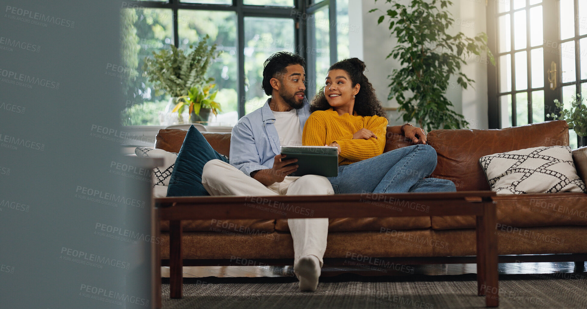 Buy stock photo Love, relax and tablet with couple on sofa for streaming service, movie subscription and bonding. Happiness, film broadcast and smile with man and woman in living room of home for online media