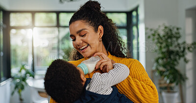 Buy stock photo Home, mother and baby with bottle, smile and bonding together with nap time, wellness and care. Apartment, parent and mama with infant, child development and feeding with nutrition, growth and love
