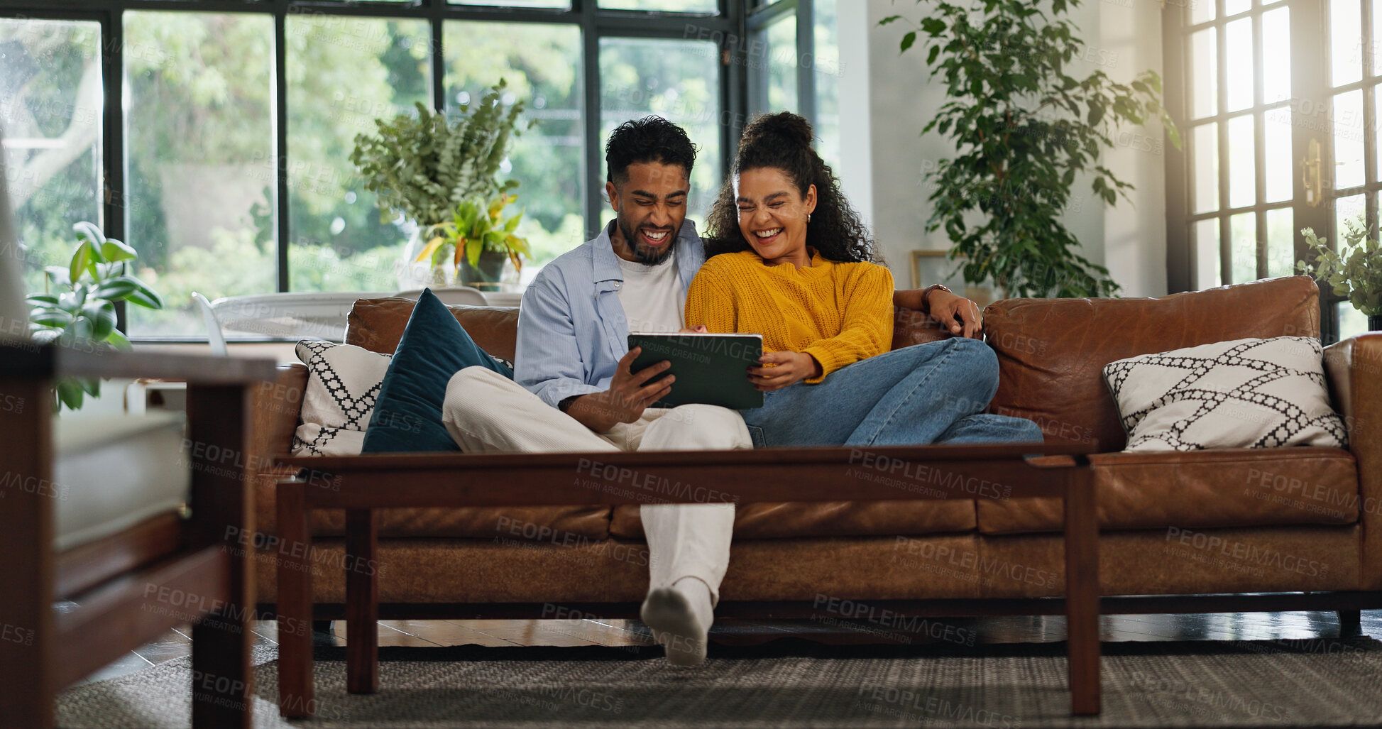 Buy stock photo Smile, relax and tablet with couple on sofa for streaming service, movie subscription and bonding. Happiness, film broadcast and love with man and woman in living room of home for online media