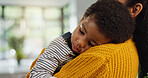 Mother, relax and baby on shoulder at house for sleeping, nap time and bonding together. Woman, rest and embrace with tired child for love, family security and lullaby for affection in living room