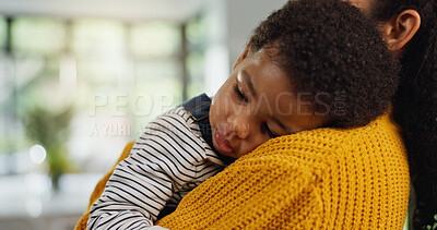 Buy stock photo Mother, relax and baby on shoulder at house for sleeping, nap time and bonding together. Woman, rest and embrace with tired child for love, family security and lullaby for affection in living room