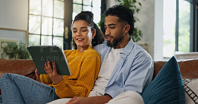 Buy stock photo Smile, search and tablet with couple on sofa for streaming service, movie subscription and bonding. Happiness, film broadcast and love with man and woman in living room of home for online media