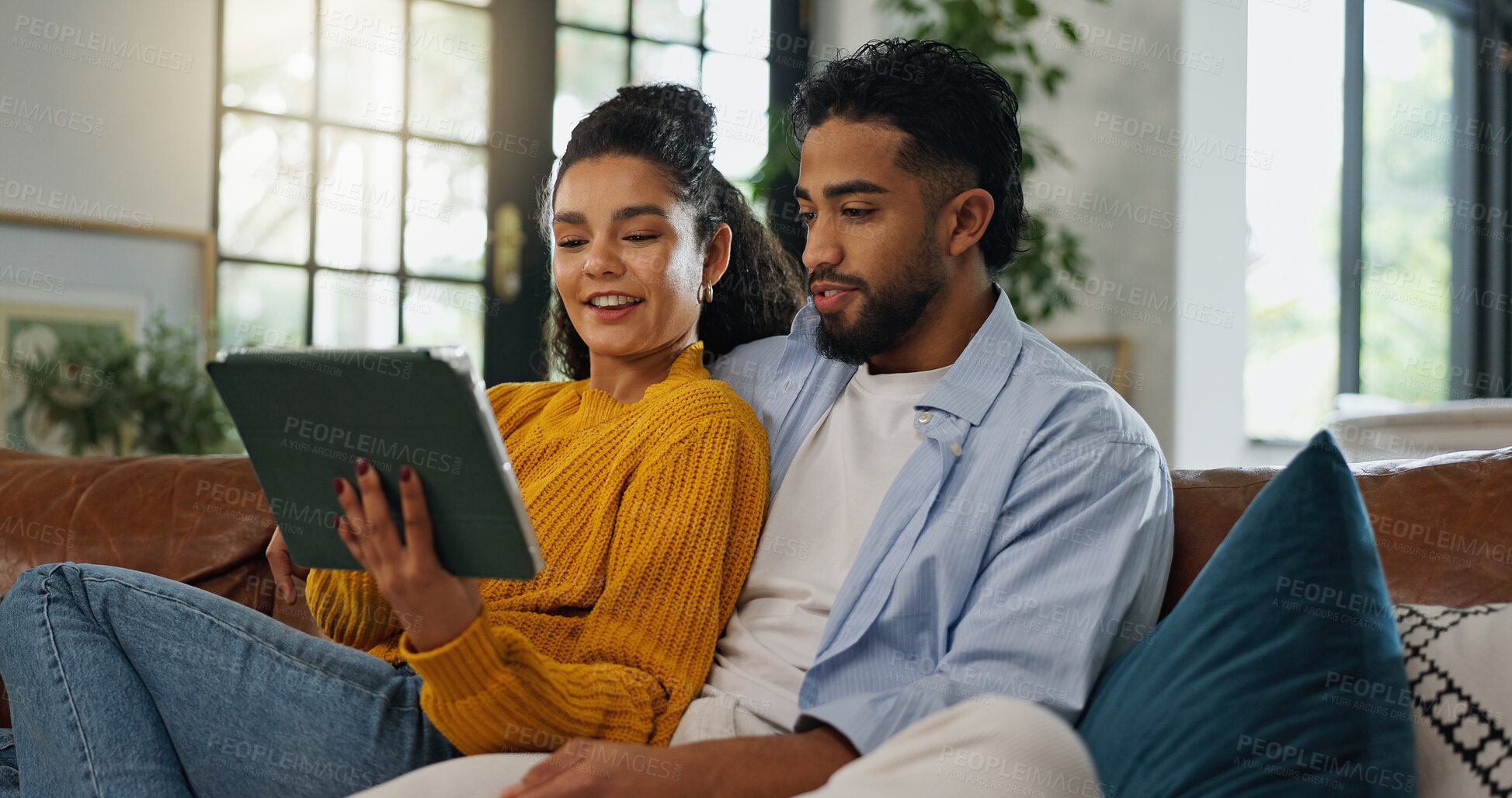 Buy stock photo Smile, search and tablet with couple on sofa for streaming service, movie subscription and bonding. Happiness, film broadcast and love with man and woman in living room of home for online media