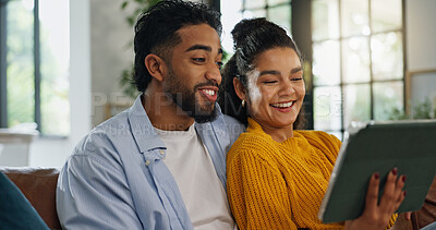 Buy stock photo Smile, couple and relax with tablet at house for social media, streaming film and bonding together. Happy, people and browsing web for watching movie, online video and subscription for entertainment