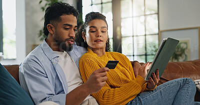 Buy stock photo Couple, credit card and tablet on sofa for online shopping, sale and easy payment in living room. People, digital banking and fintech with application, deal or discount with ecommerce at apartment