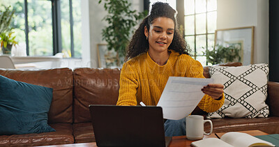 Buy stock photo Home, reading and woman with paperwork, financial planning and checking info with laptop and budget. Asset management, online and person with documents in living room, bills and analysis in house