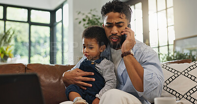 Buy stock photo Man, child and phone call for remote work from home with contact, talk and multitasking on sofa. Father, boy and smartphone for networking, listen and freelance consulting on couch at family house