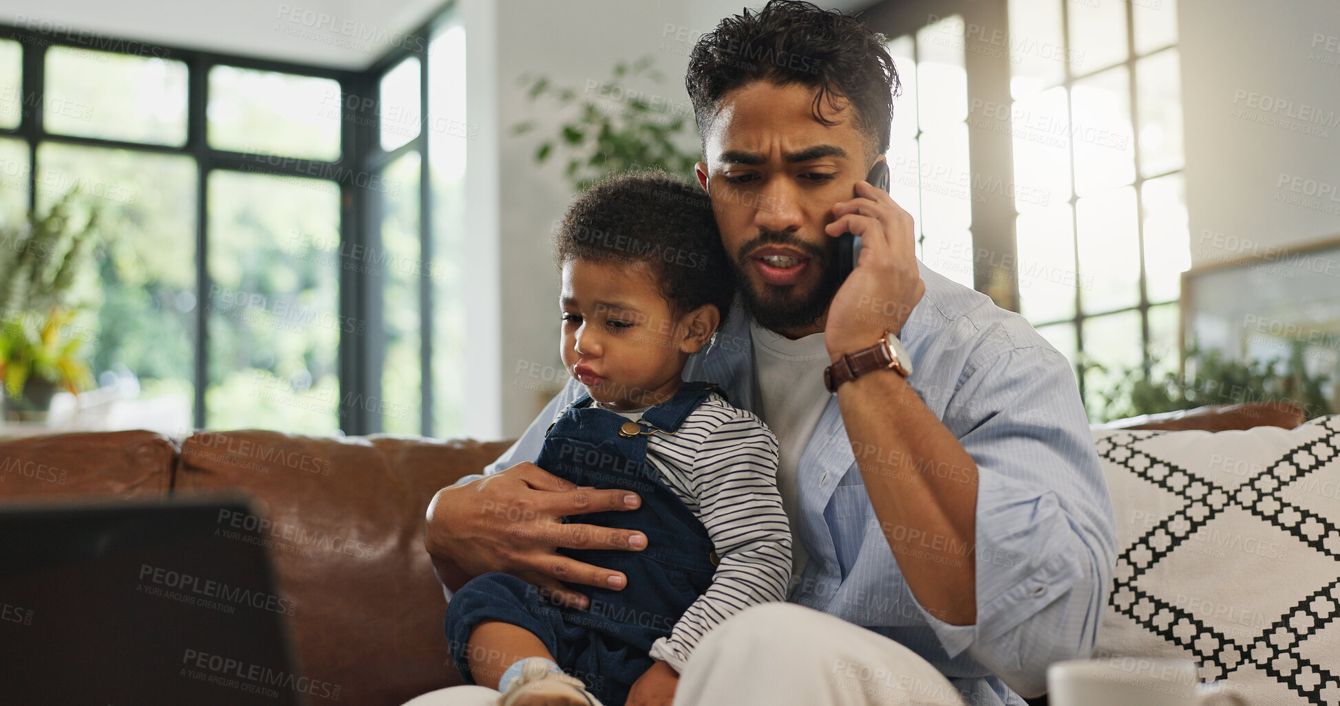 Buy stock photo Man, child and phone call for remote work from home with contact, talk and multitasking on sofa. Father, boy and smartphone for networking, listen and freelance consulting on couch at family house