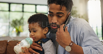 Buy stock photo Dad, business or phone call with baby for multitasking, busy discussion or overworked in home. Father, man or child with bottle or parent on mobile smartphone for remote work or distraction in house