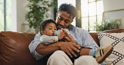 Buy stock photo House, father and baby with bottle, smile and bonding together with nap time, health and care. Feeding, parent and dad with kid, child development and wellness with nutrition, growth and love