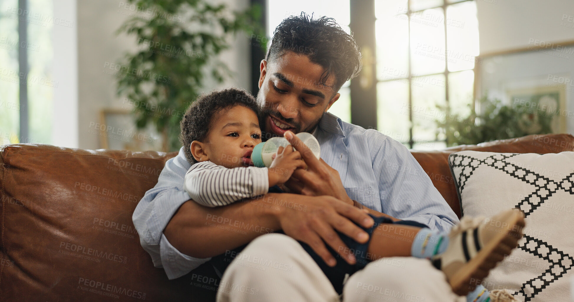 Buy stock photo House, father and baby with bottle, smile and bonding together with nap time, health and care. Feeding, parent and dad with kid, child development and wellness with nutrition, growth and love