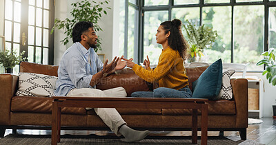 Buy stock photo Home, fighting and couple on couch, argument and relationship with divorce, affair and angry. Apartment, man and woman on sofa, disagreement and marriage with conflict, breakup and upset with stress