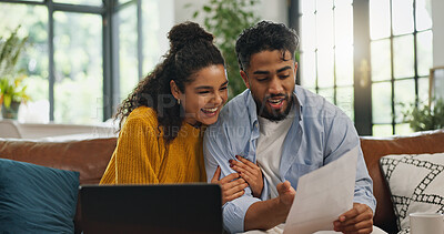 Buy stock photo Happy, hug and couple with paperwork, home loan or excited for financial planning on website or app. Laughing, man and woman with document for mortgage, laptop and celebration with embrace in house