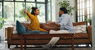 Buy stock photo Home, fighting and couple on sofa, argument and relationship with divorce, stress and upset. Apartment, man and woman on couch, disagreement and marriage with conflict, breakup and angry with affair