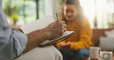 Buy stock photo Therapy, writing notes and woman on sofa for counseling, healing session or support with therapist. Psychology, mental health and person with social worker for conversation, discussion and evaluation