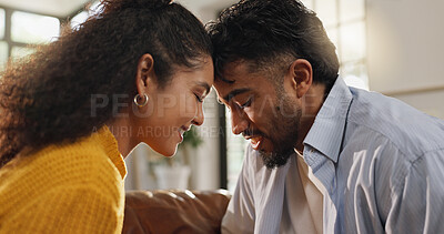 Buy stock photo Love, forehead and smile with couple on sofa for romantic connection, support and trust. Marriage, commitment and relationship partner with man and woman in living room of home for care and loyalty