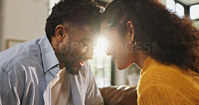 Buy stock photo Love, forehead and relax with couple on sofa for romantic connection, support and trust. Marriage, commitment and relationship partner with man and woman in living room of home for flare and loyalty