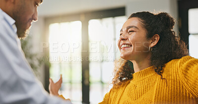 Buy stock photo Dance, love and smile with couple in home together for bonding, celebration or having fun. Energy, music and rhythm with happy people in living room of apartment for break, comedy or excitement