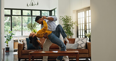 Buy stock photo Home, dancing and couple in lounge, love and bonding together with romance, smile and relationship. Apartment, movement and man with woman, marriage and happiness with music, energy and celebration