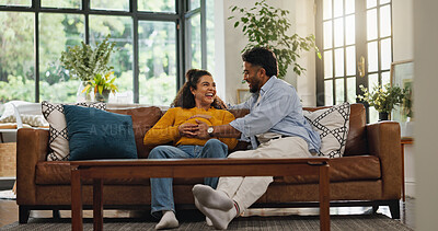 Buy stock photo Happy couple, relax and sofa with baby bump for pregnancy, new chapter or start family in home. Man, pregnant woman and smile with love in living room for parenthood or maternity on couch in house