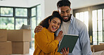 Tablet, reading and moving with couple in new home for property, support or mortgage success. Real estate investment, celebration or loan approval with man and woman in living room for house purchase