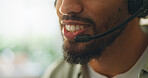 Closeup, call center and man with headset, communication and help desk with telemarketing. Mouth, person and consultant with conversation, advice and professional with friendly service or crm support