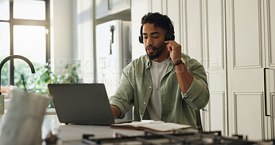 Buy stock photo Headset, laptop and man in home for remote work, virtual assistance and online consulting. Freelancer, communication and business person on computer for customer support, crm service and contact
