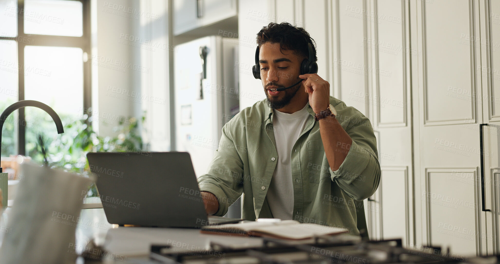 Buy stock photo Headset, laptop and man in home for remote work, virtual assistance and online consulting. Freelancer, communication and business person on computer for customer support, crm service and contact