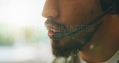 Buy stock photo Mouth, call center and man with headset, business and help desk with telemarketing. Closeup, person and sales consultant with conversation, advice and communication with friendly service or questions