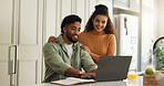 Laptop, smile and research with couple in kitchen for bills, home loan and financial planning. Online banking, support and budget review with man and woman reading in house for application together